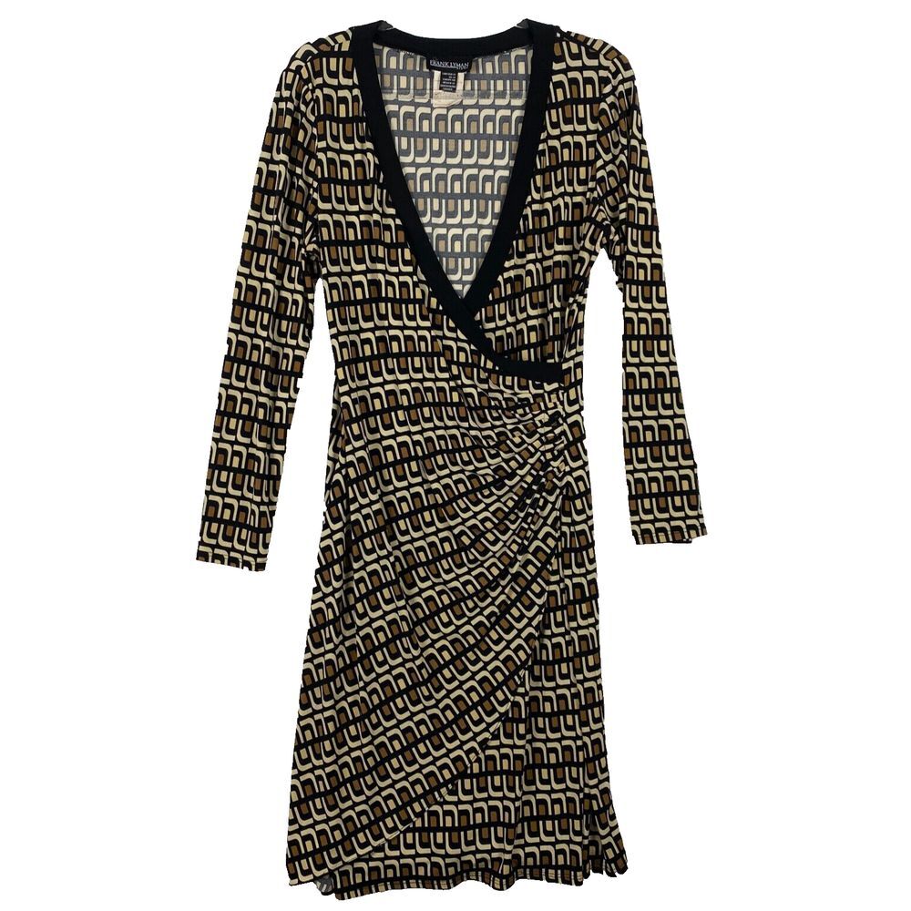 Frank Lyman Tan & Black Fixed Wrap Style Geometric Flattering Jersey Dress US 12